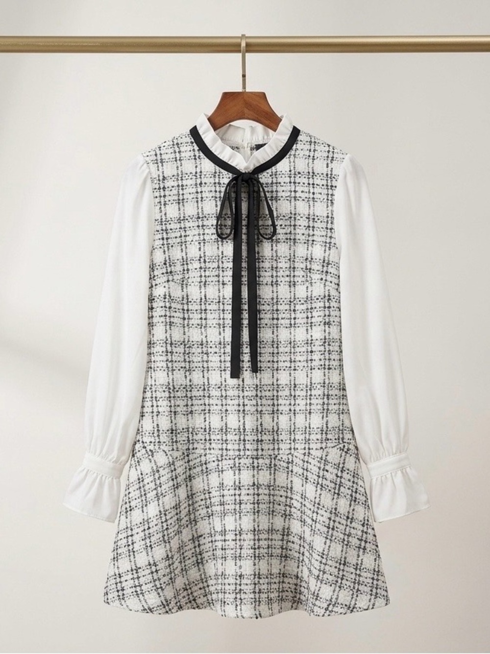 Tweed Mini Dress NWOT Medium White Black Bow Ruffle Dark Academia Preppy